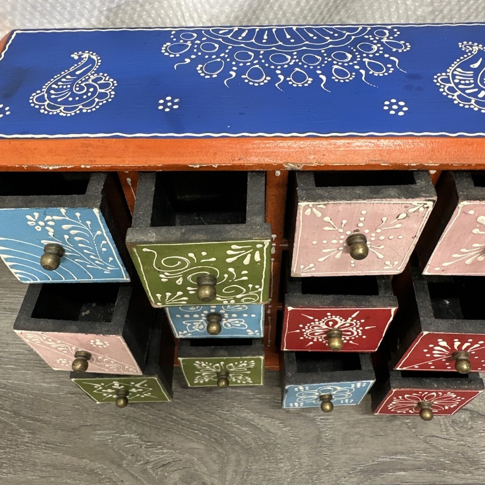 Hand Painted Wooden 12 Drawer Spice Chest Jewelry Box Multi Color Boho Folk Art - Picture 6 of 13